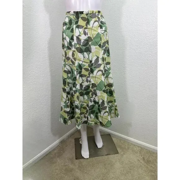 Sz 14 JM Collection 100% Linen Floral Green Black Leaves Midi Flared Skirt - Picture 1 of 4